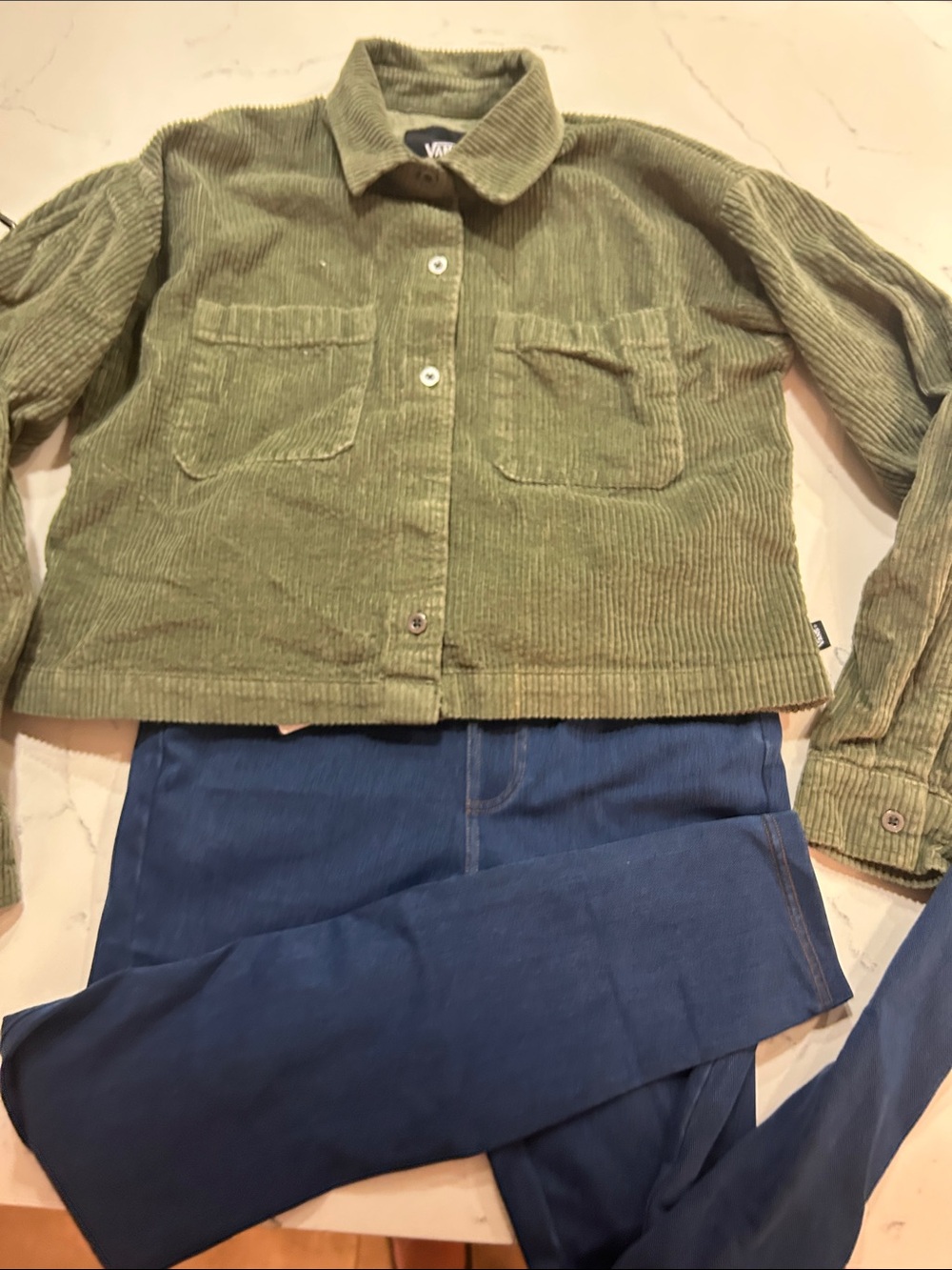 Vans Olive Green Corduroy Crop Jacket with Blue Pants size small